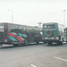 Austurleið-SBS coaches transferring passengers at Hella on the evening services to Reykjavík. Dark red 502 running through, green 503 was feeder from Ϸorsmork - 22 July 200