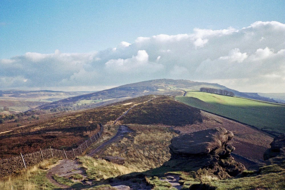 Looking along the ridge from above Lud’s Church towards The Roaches. (Scan from 1990)
