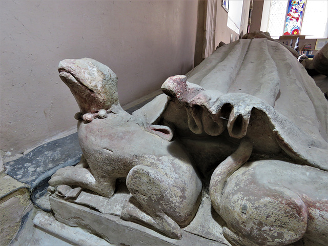 erwarton church, suffolk  (32) lap dogs at feet of effigy on c15 tomb attrib.to sir bartholomew bacon +1391 and joan +1435