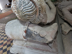 erwarton church, suffolk  (36) boar crest on helmet under effigy on c15 tomb attrib.to sir bartholomew bacon +1391 and joan +1435