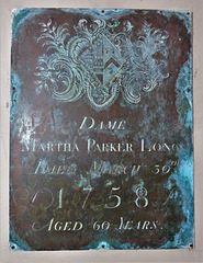 erwarton church, suffolk  (37) heraldry on c18 coffin plate of dame martha parker long, +1758