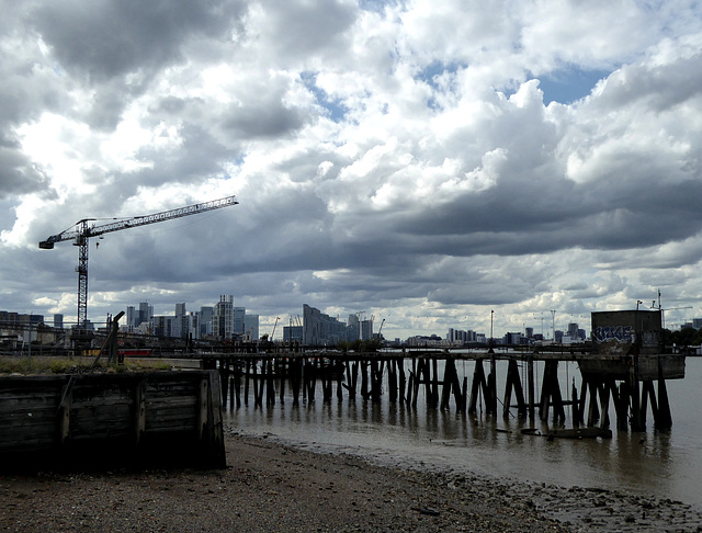 London skyline from the Thames at low tide