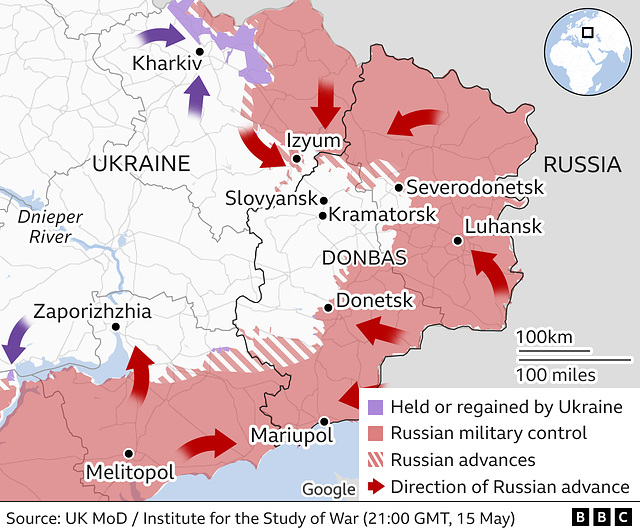 UKR - invasion east map , 15th May 2022