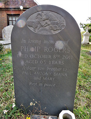 shotley church, suffolk (43) darts, tractor, dog, horse and bull on c21 tombstone of philip rogers +2011
