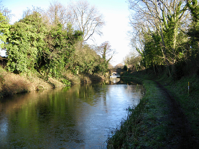 Looking through Curdworth Church Bridge towards Curdworth Tunnel showing ice on the B'ham and Fazeley Canal