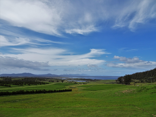 view over Moulting Lagoon and Freycinet Peninsula