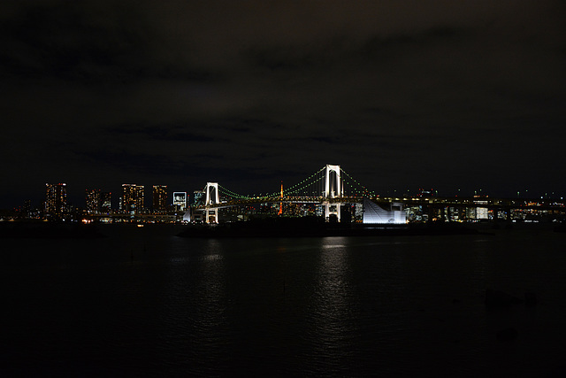 Japan, Tokyo Bay with Rainbow Bridge at Night