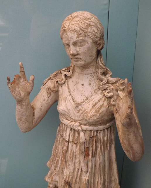 Detail of a Large-Scale Female Figure with Raised Arms in the British Museum, April 2013