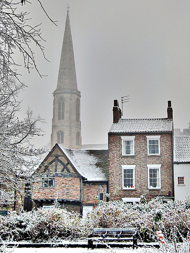 York winter scene, with spire of All Saints Church