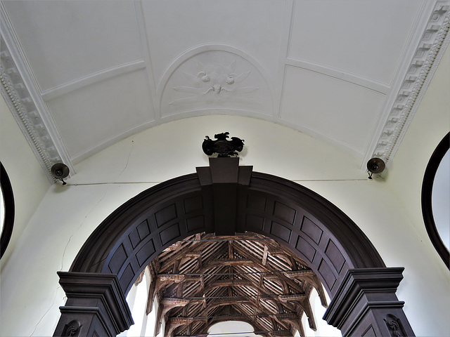 shotley church, suffolk (7) c18 wooden chancel arch and plasterwork of 1745