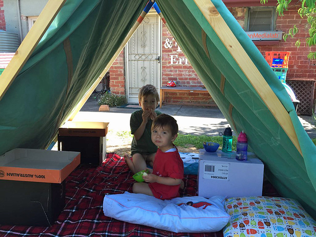 Two boys in a tent