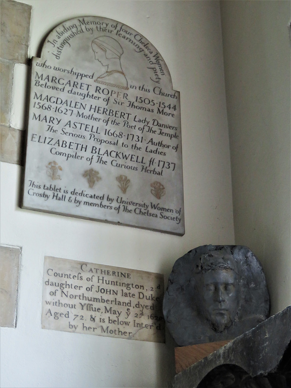 chelsea old church, london (97) memorial to catherine countess of huntingdon, +1620, once part of the tomb below. the mask of christ is a modern memorial to a parishioner's daughter. the plaque above commemorates four historic women parishioners.