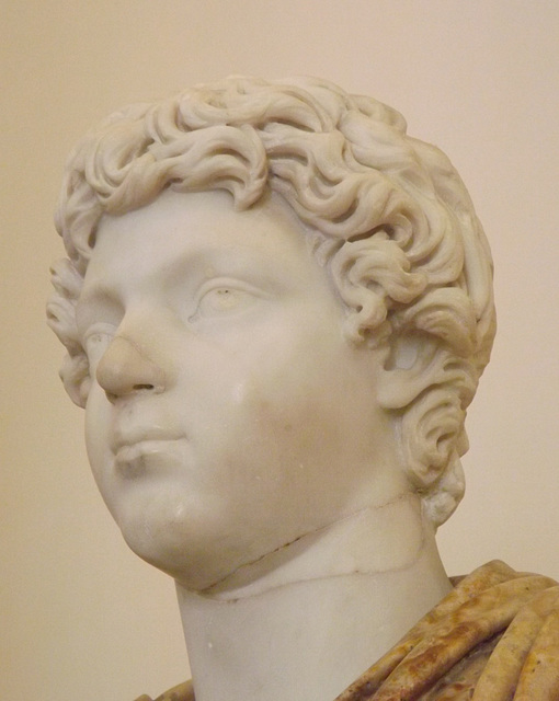 Detail of a Portrait of the Emperor Caracalla as a Youth set in a Modern Alabaster Bust in the Naples Archaeological Museum, July 2012