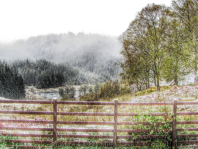 Spring snowfall in Glen Garry, Scotland