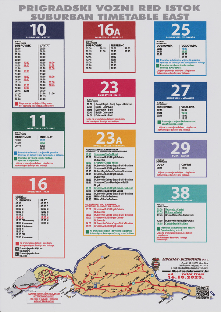 Libertas Dubrovnik timetables/map for suburban services East of the city - Oct 2023