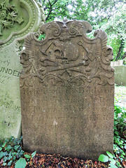 west wickham church, bromley, london (4) c18 gravestone of mary wilkinson +1742 with skull