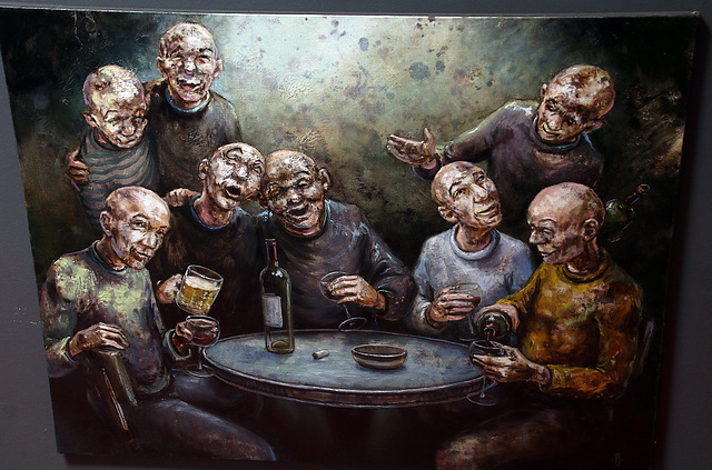 " Joyeux buveurs " - Huile sur toile de Christophe Blanc .