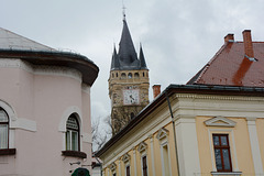 Romania, Baia Mare, The Tower of St.Stefan over the Buildings on Freedom Square