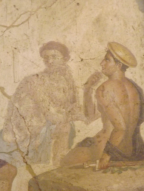 Detail of a Wall Painting with Meleager and Atalanta Resting from the House of the Centaur in Pompeii in the Naples Archaeological Museum, July 2012