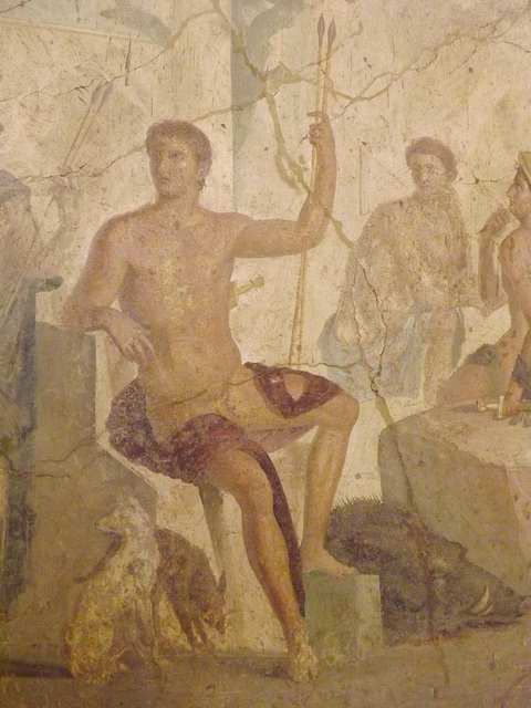 Detail of a Wall Painting with Meleager and Atalanta Resting from the House of the Centaur in Pompeii in the Naples Archaeological Museum, July 2012