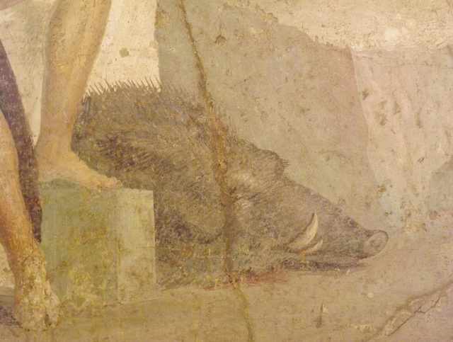 Detail of a Wall Painting with Meleager and Atalanta Resting from the House of the Centaur in Pompeii in the Naples Archaeological Museum, July 2012
