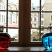 Dalla finestra della farmacia Raeapteek. Upside down in the bottles