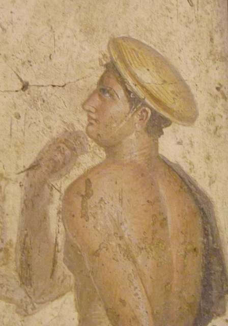 Detail of a Wall Painting with Meleager and Atalanta Resting from the House of the Centaur in Pompeii in the Naples Archaeological Museum, July 2012