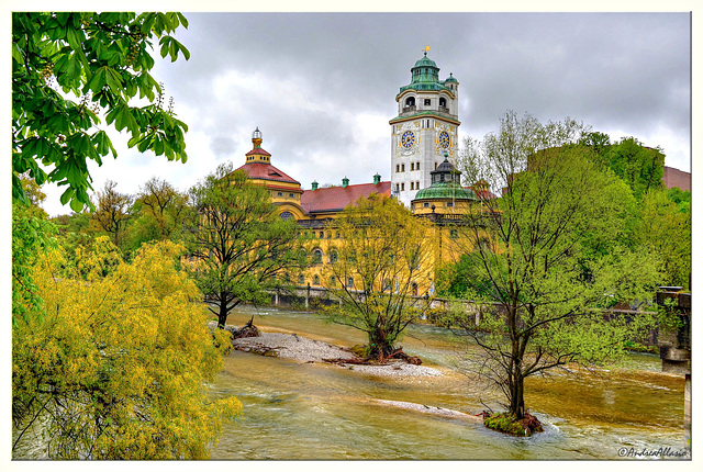 Isaar river and public pools in art Nouveau building Isaar river and public pools in art Nouveau building