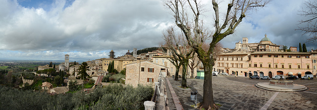 Italy, Assisi, Piazza Santa Chiara and Panorama from Chiesa di Santa Maria Maggiore to Cathedral of San Rufino