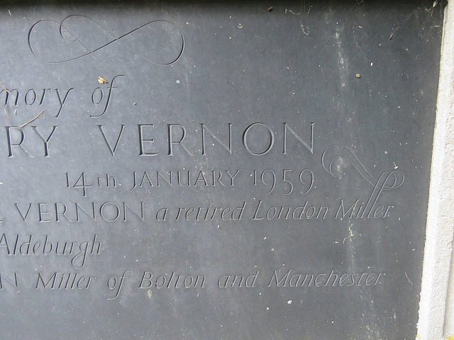 aldeburgh church, suffolk (52) tomb with wheatsheaf of vernon family , gertrude mary vernon +1959 was a miller's wife