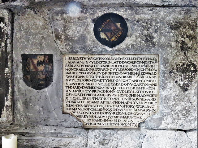 chelsea old church, london (36) brass heraldry on tomb of jane guildford, duchess of northumberland +1555