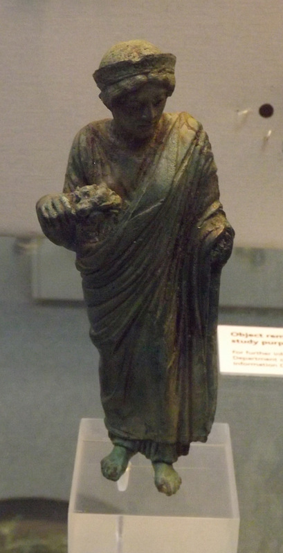 Etruscan Bronze Statuette of a Woman Holding a Bunch of Flowers in the British Museum, May 2014