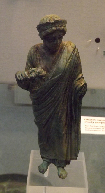 Etruscan Bronze Statuette of a Woman Holding a Bunch of Flowers in the British Museum, May 2014