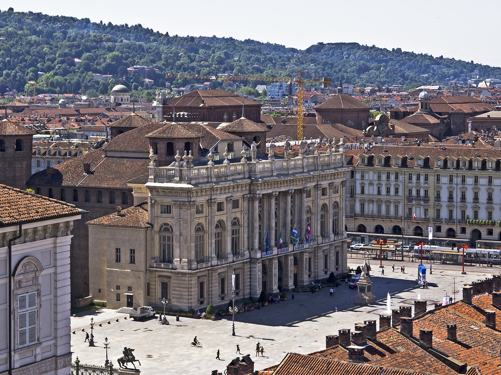 Turin from the top of the bell tower of the St. John Baptist Cathedral - View on Castle Square and Madama Palace