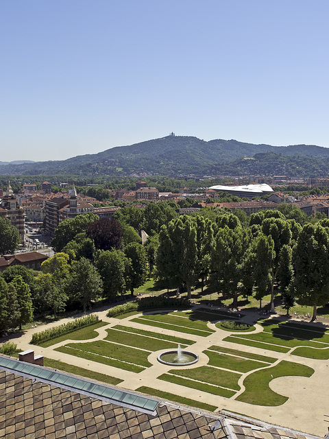 Turin from the top of the bell tower of the St. John Baptist Cathedral - View from the Royal Gardens to the Church of Superga