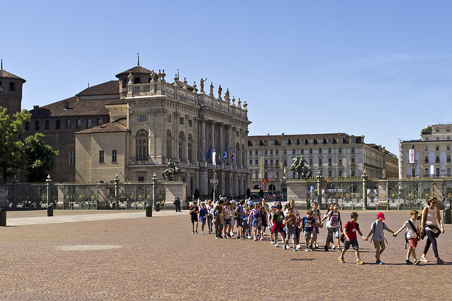 Turin, the school group in row in Castle Square