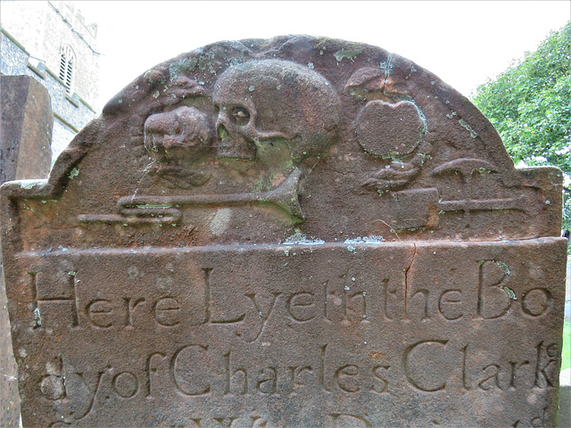 aldeburgh church, suffolk  c18 tombstone of charles clarke , surgeon, +1743 with skull, cherub, pick and shovel, trumpet and winged heart(32)