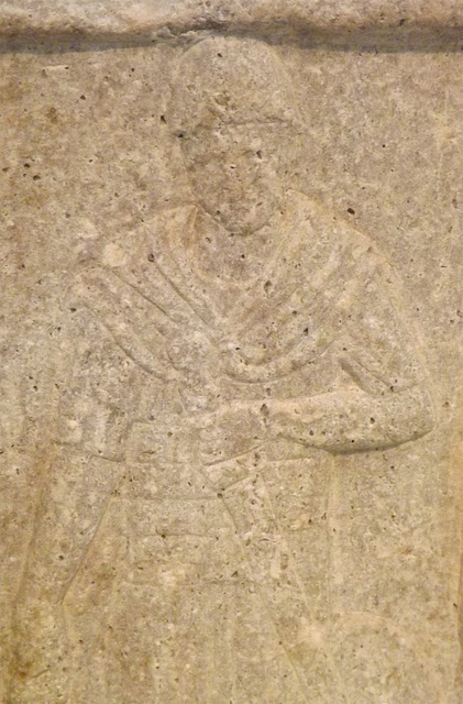 Detail of a Grave Stele of Marcus Aurelius Alexys Found in Sparta in the National Archaeological Museum in Athens, May 2014