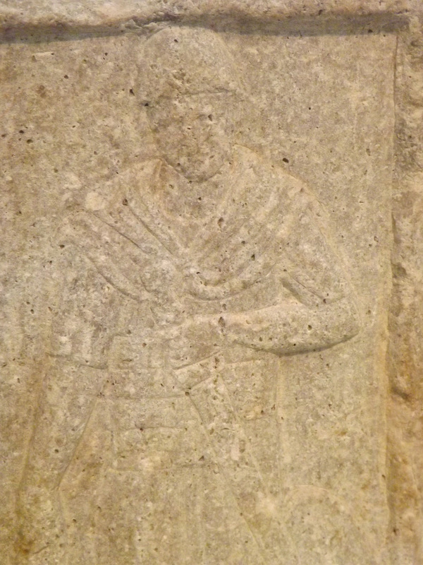 Detail of a Grave Stele of Marcus Aurelius Alexys Found in Sparta in the National Archaeological Museum in Athens, May 2014