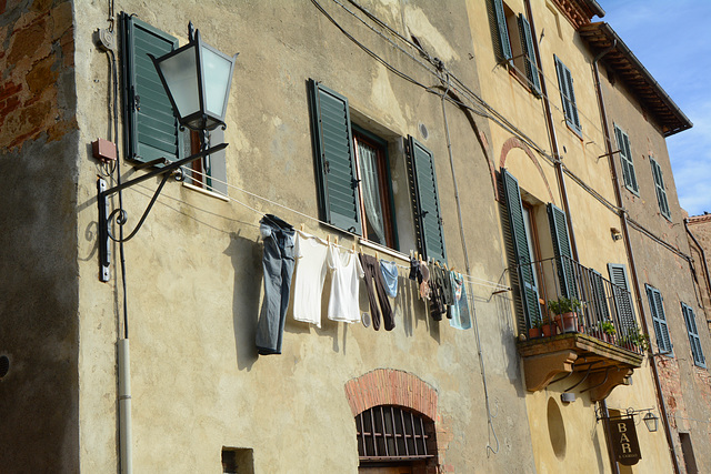 Italy, Pienza, Lantern, Windows, Balcony and Drying Laundry