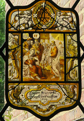 chelsea old church, london (7) c16 swiss glass of 1592 showing christ before pilate below a merchant's mark