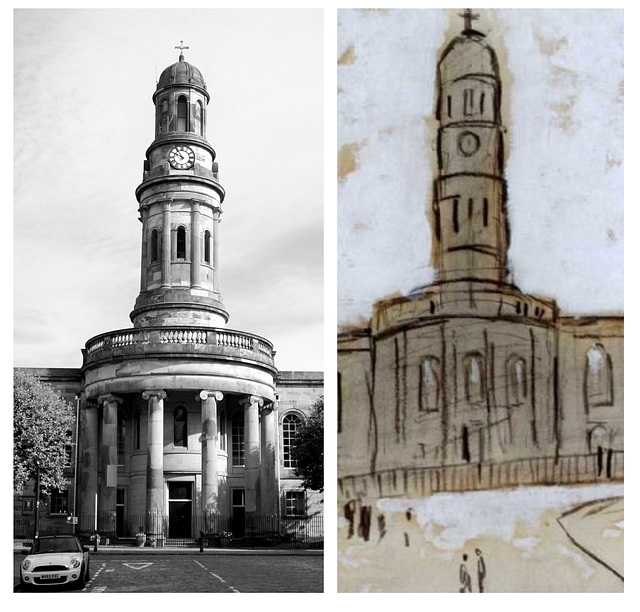 St Philip's church, Salford - by me (L) & L.S. Lowry (R)