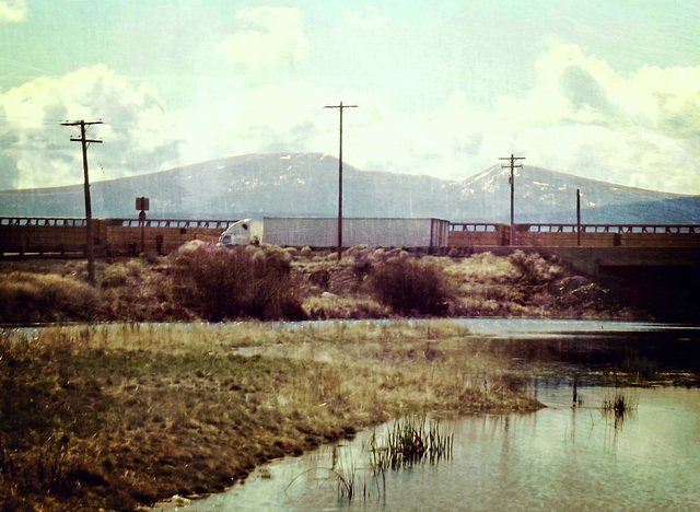 Lumber train and a truck going south