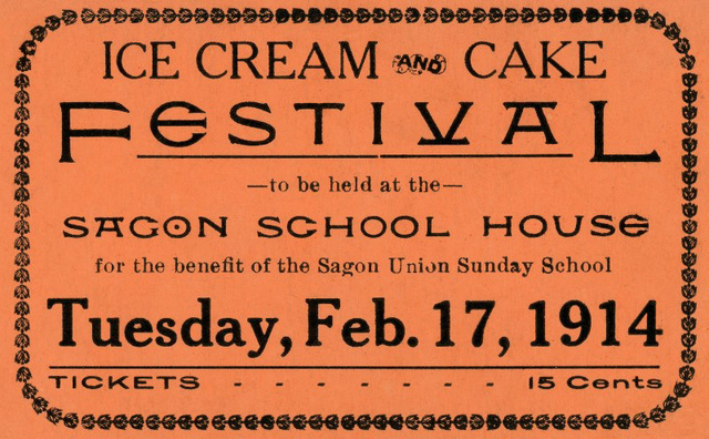 Ice Cream and Cake Festival Ticket, Sagon School House, Sagon, Pa., February 17, 1914