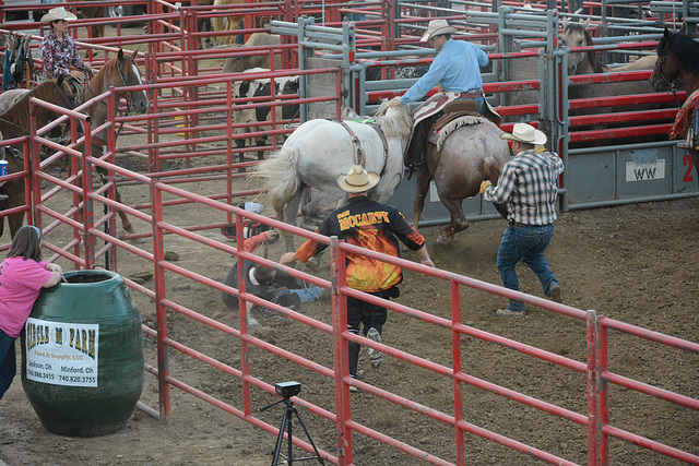 He's dragged by the rope around his midsection