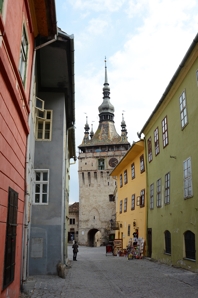 Romania, Sighişoara, Cetății Street and the Clock Tower