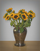 A bouquet of sunflowers in a silver vase