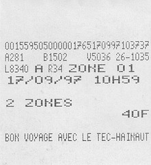 TEC bus ticket issued in Tournai, Belgium - 17 Sep 1997