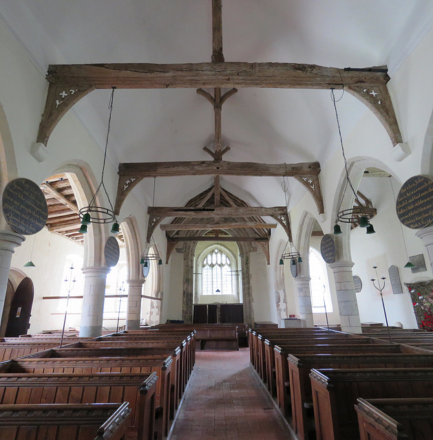 snargate church, kent  (26)c15 crown post and tie beam roof in the c13 nave