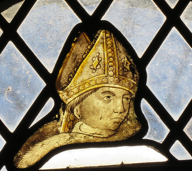 lyminge church, kent,   (7) c16 glass , bishop's head